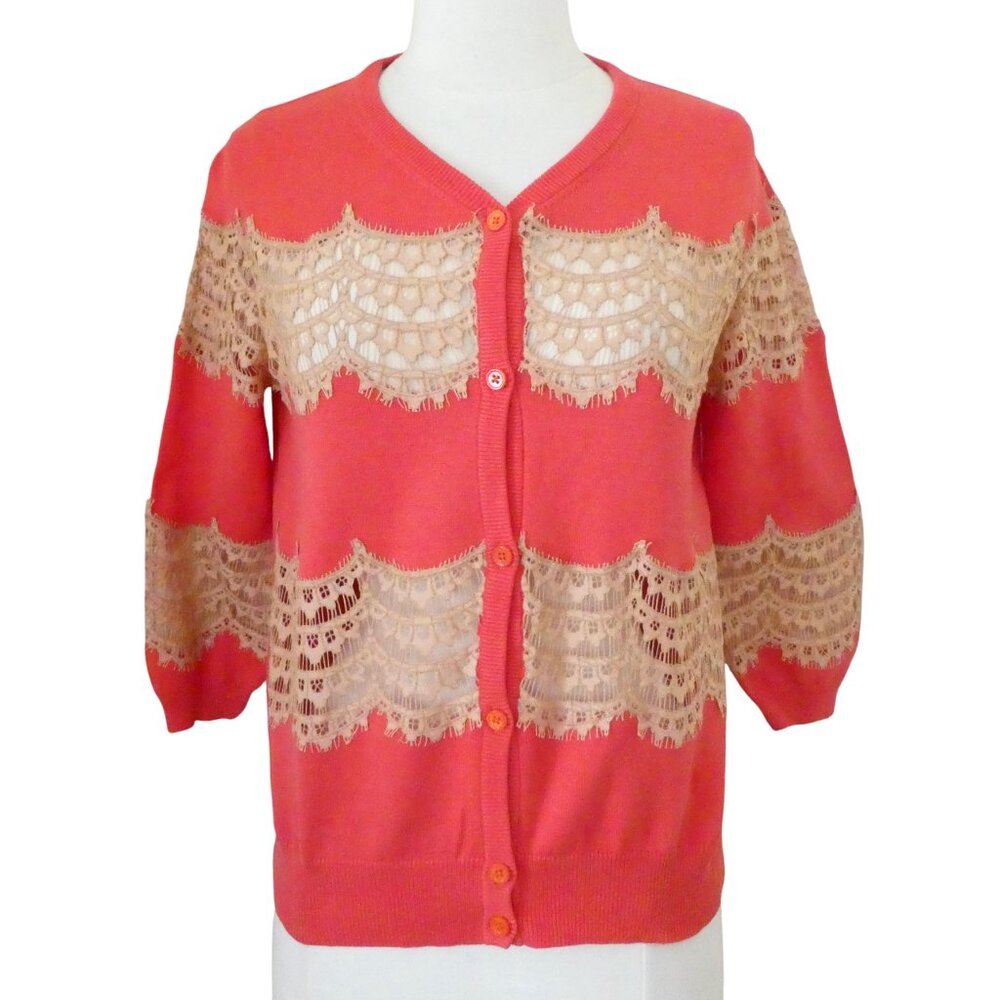 CARVEN Lace Panel cardigan sweater sz M Pima cotton